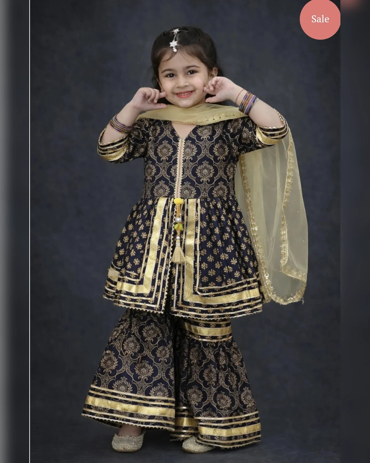 Girls organic cotton gotta patti peplum sharara navy gold