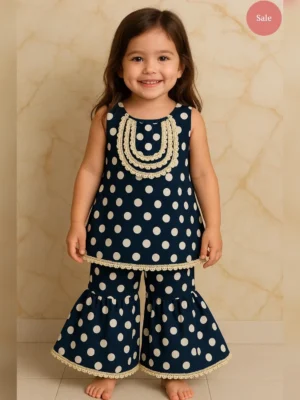 Girls organic cotton gotta patti polka sharara set navy white