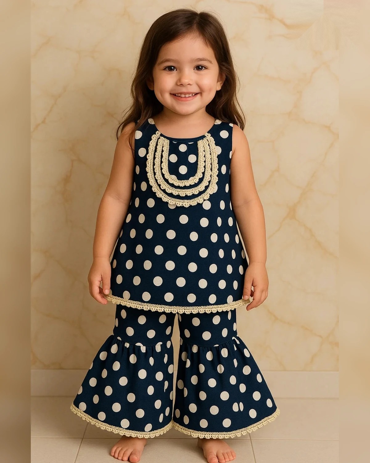 Girls Organic Cotton Gotta Patti Polka Sharara Set - Navy & White