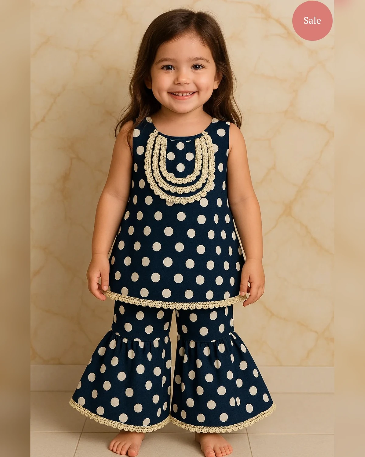 Girls organic cotton gotta patti polka sharara set navy white