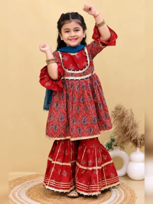 Girls organic cotton gotta patti printed sharara red navy