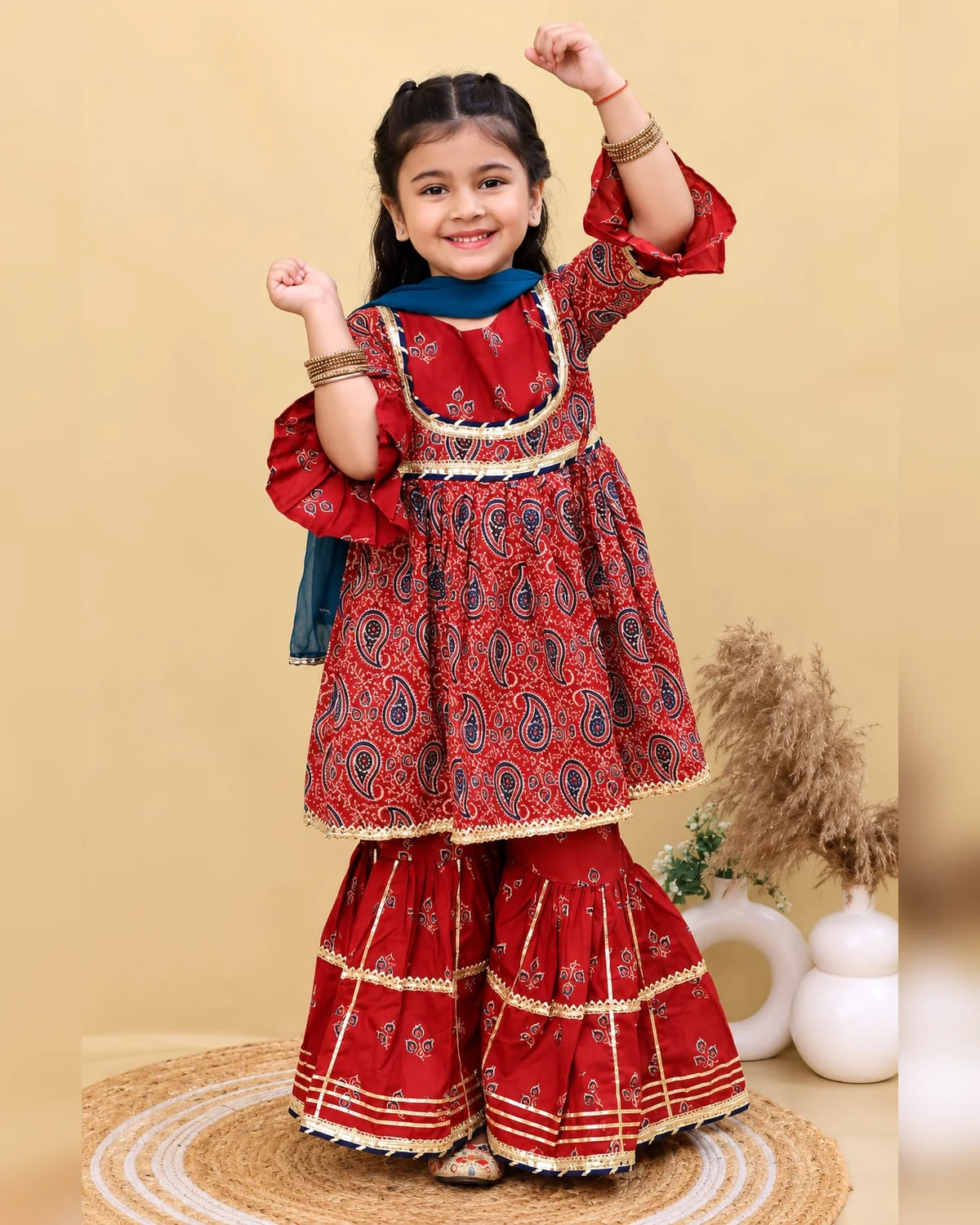 Girls organic cotton gotta patti printed sharara red navy