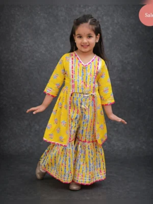 Girls organic cotton gotta patti printed sharara set yellow
