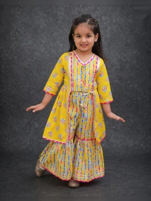 Girls Organic Cotton Gotta Patti Printed Sharara Set - Yellow