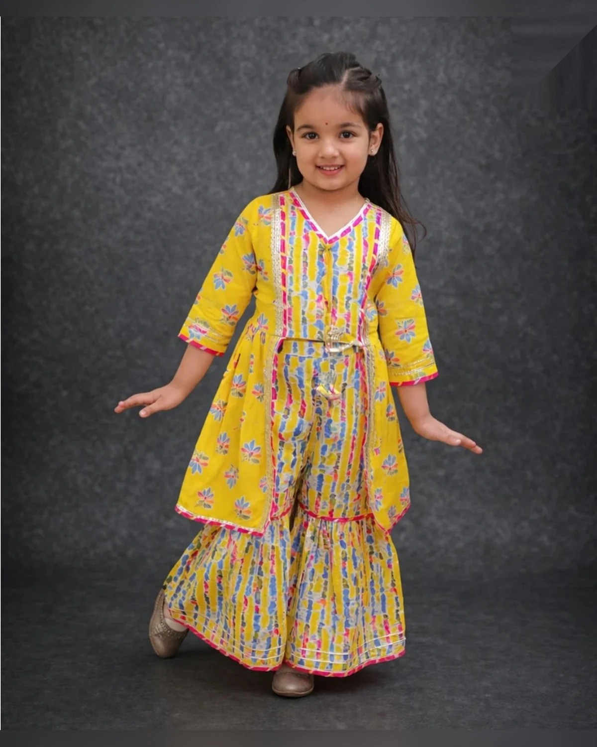 Girls Organic Cotton Gotta Patti Printed Sharara Set - Yellow