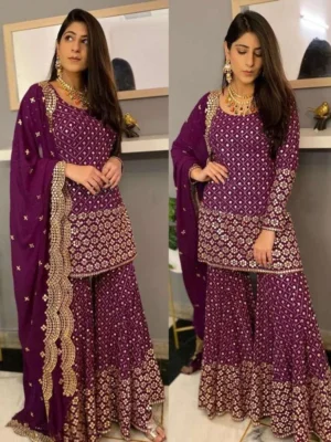Heavy Embroidery Kurti with Sharara - Purple Mirror Work