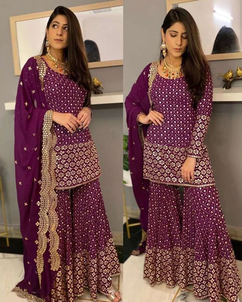Heavy Embroidery Kurti with Sharara - Purple Mirror Work