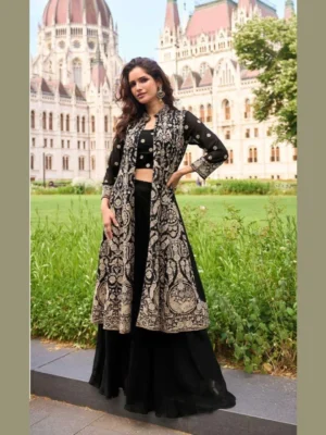 Indo Western Georgette Sharara Set with Jacket - Black