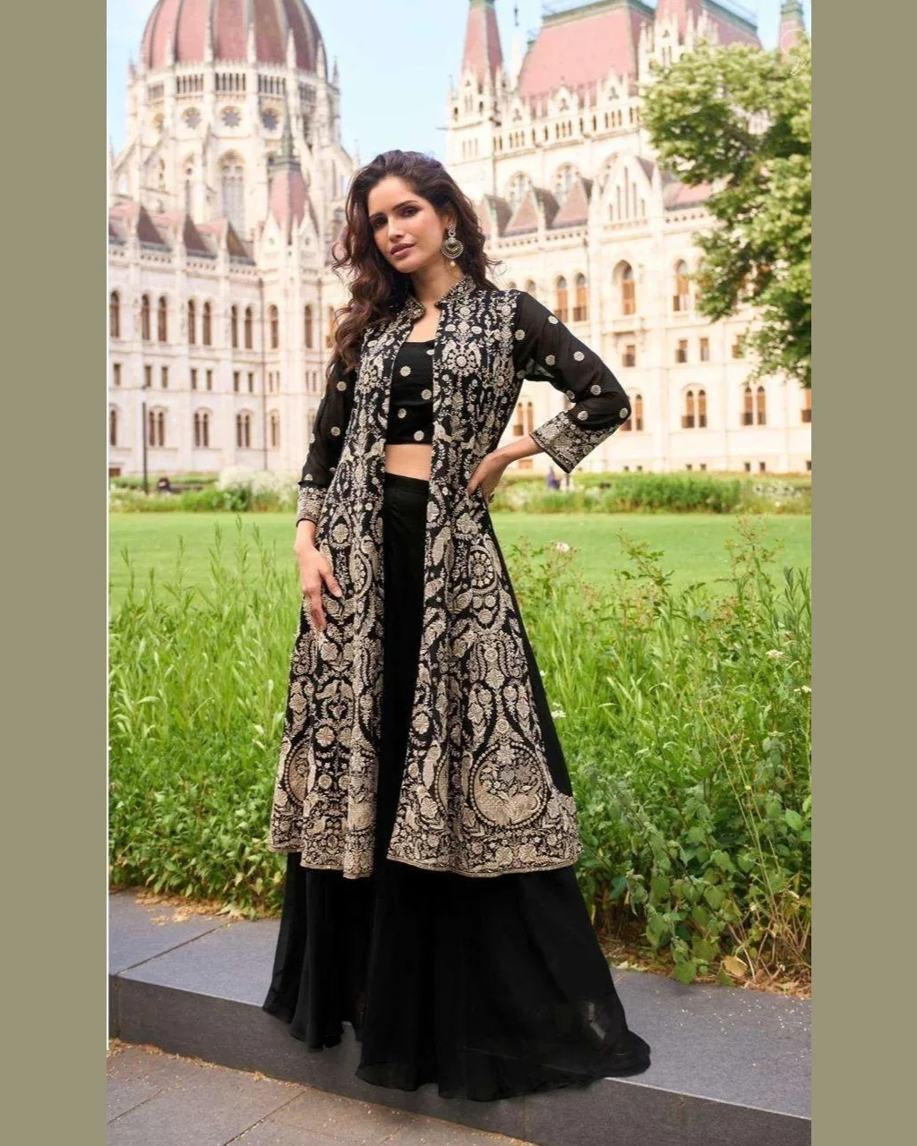 Indo Western Georgette Sharara Set with Jacket - Black