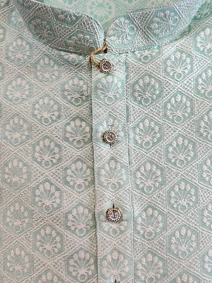 Men's Chikan Embroidery Kurta Pajama - Light Green
