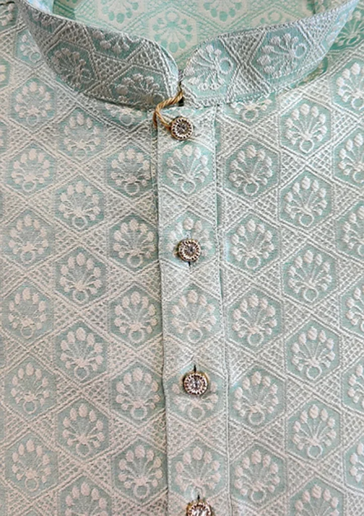 Men's Chikan Embroidery Kurta Pajama - Light Green