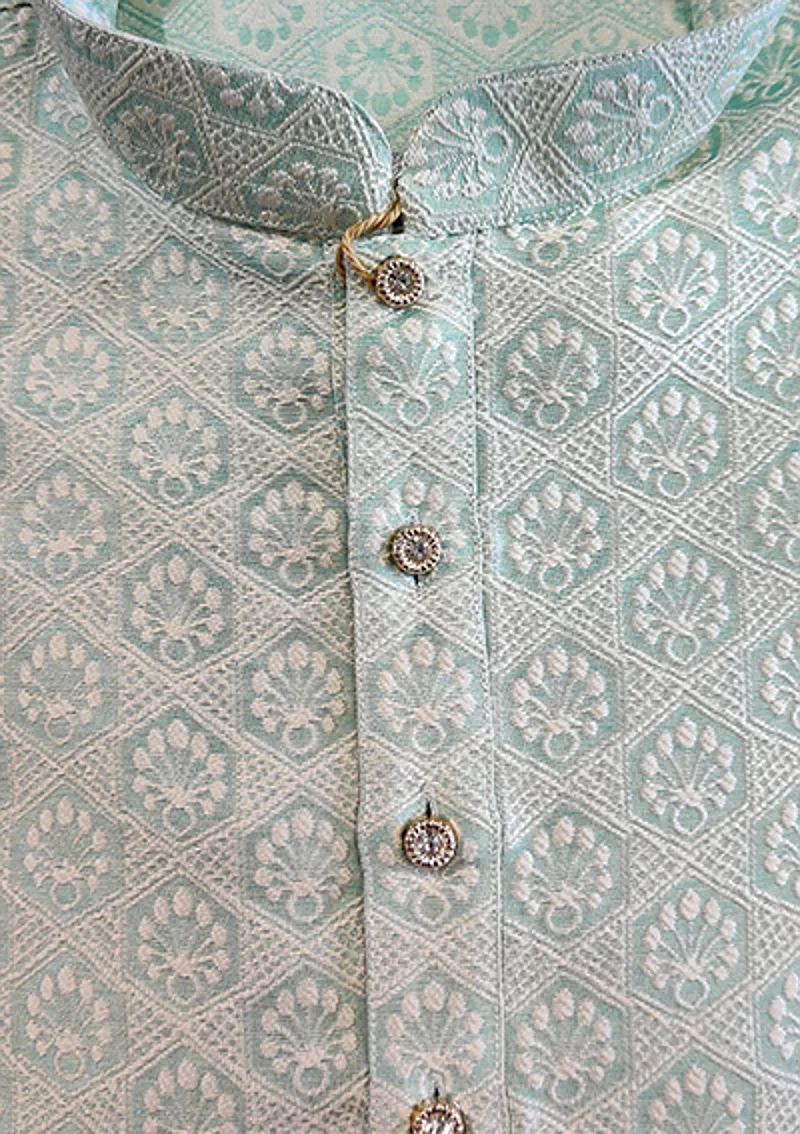 Men's Chikan Embroidery Kurta Pajama - Light Green