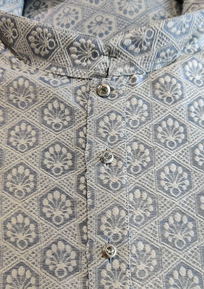 Men's Chikan Embroidery Kurta Pajama - Light Grey