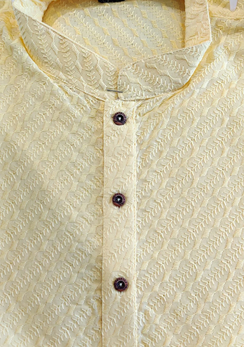 Men's Chikan Embroidery Kurta Pajama - Light Yellow