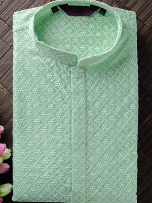 Men's Chikan Embroidery Kurta Pajama - Mint Green