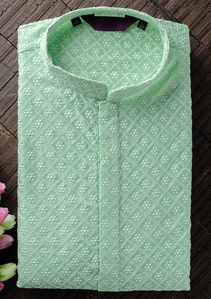 Men's Chikan Embroidery Kurta Pajama - Mint Green