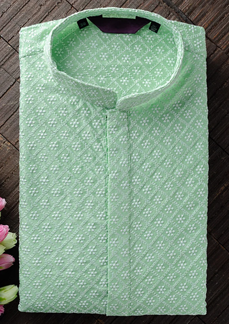 Men's Chikan Embroidery Kurta Pajama - Mint Green