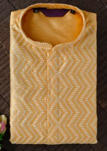 Men's Chikan Embroidery Kurta Pajama - Mustard