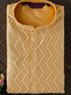 Men's Chikan Embroidery Kurta Pajama - Mustard