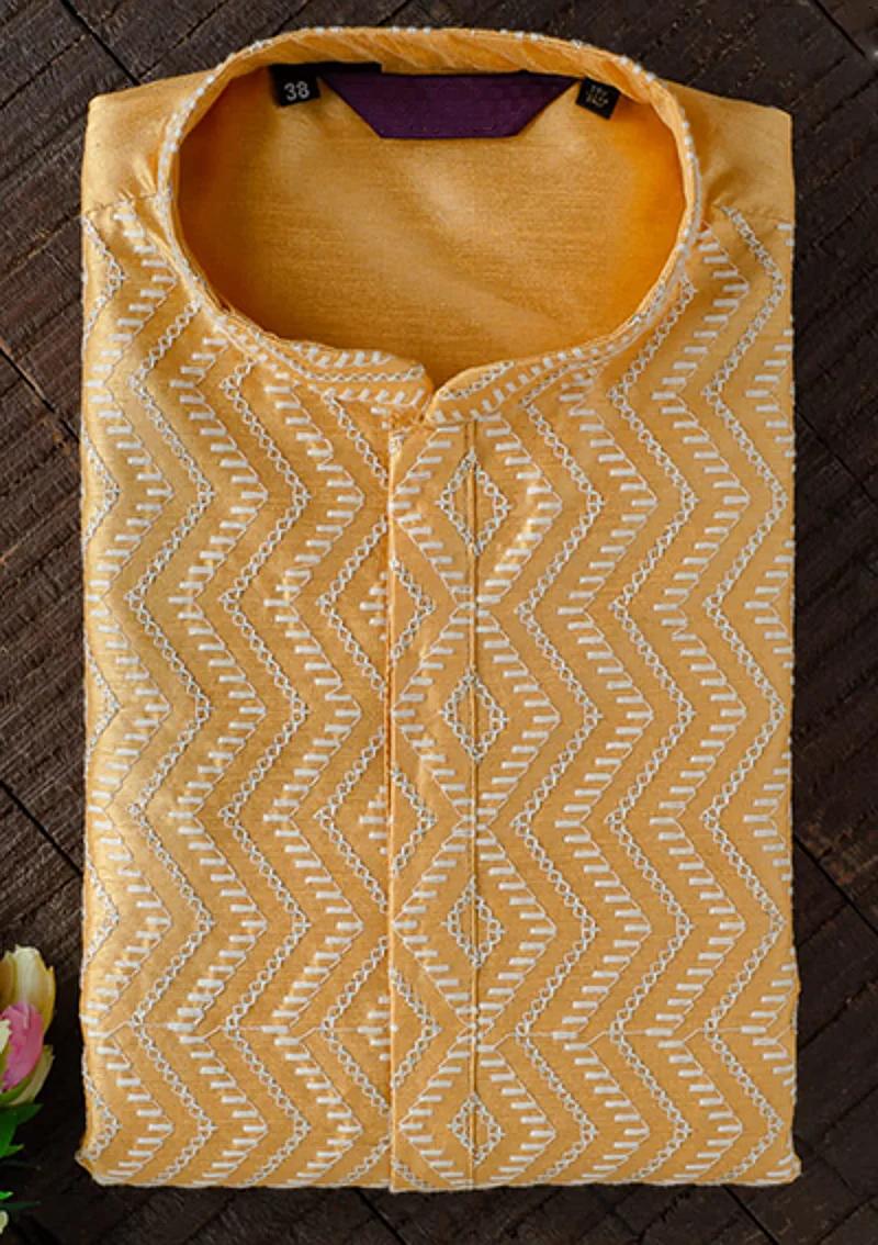 Men's Chikan Embroidery Kurta Pajama - Mustard