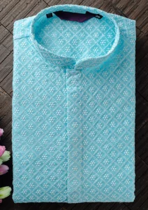 Men's Chikan Embroidery Kurta Pajama - Sky Blue