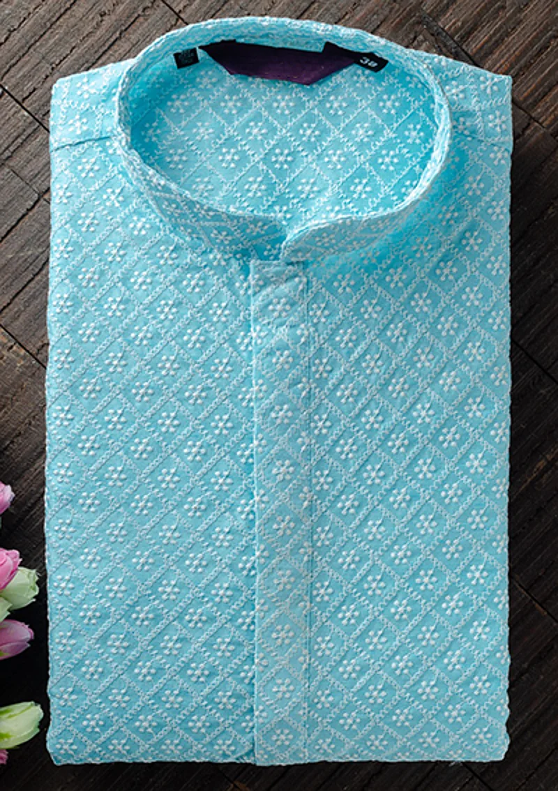 Men's Chikan Embroidery Kurta Pajama - Sky Blue