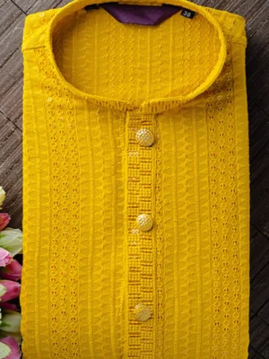 Men's Chikan Embroidery Kurta Pajama - Yellow