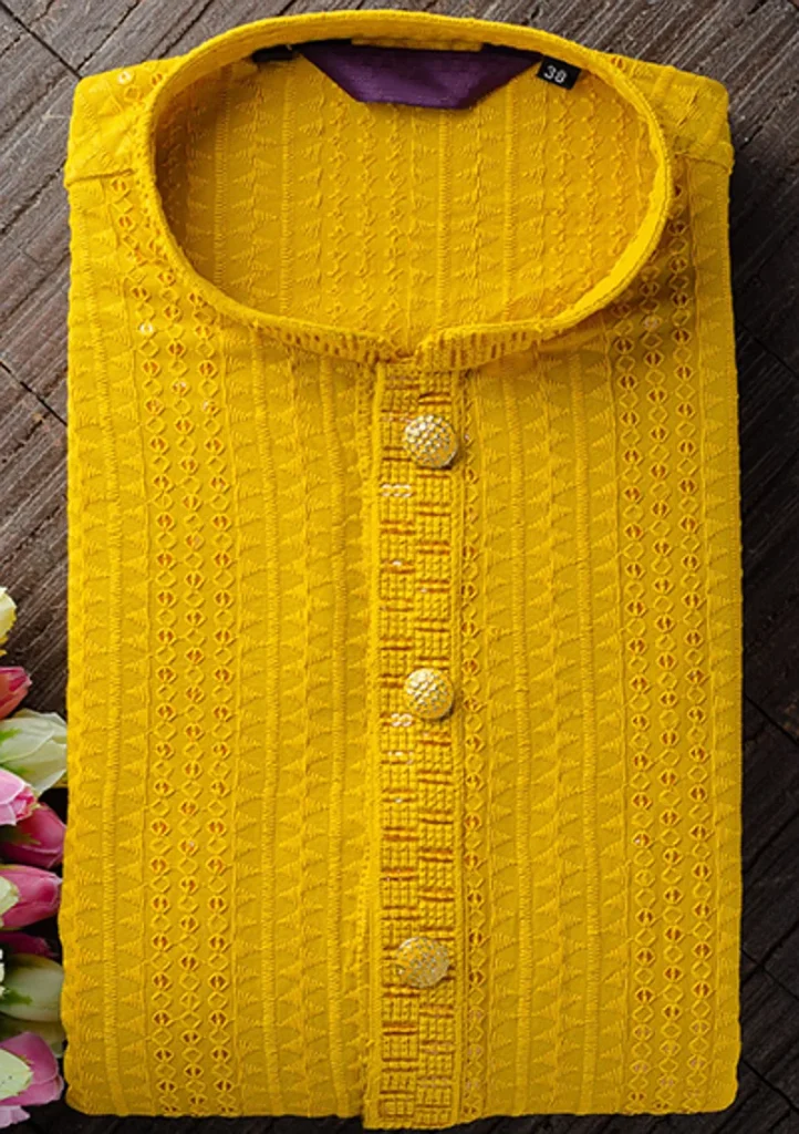 Men's Chikan Embroidery Kurta Pajama - Yellow