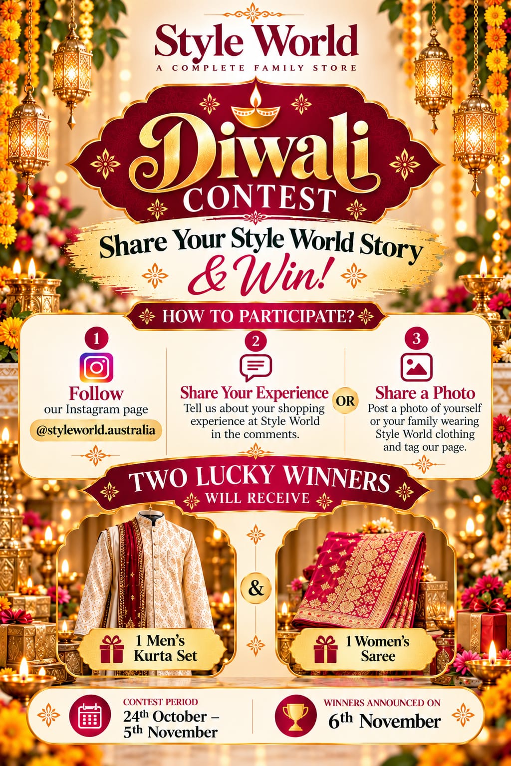 Style World Diwali Contest 2026: win a men's kurta set or a women's saree