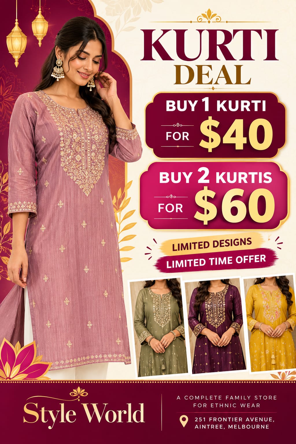 Style World Kurti Deal: buy 1 kurti for $40 or 2 kurtis for $60, Aintree Melbourne