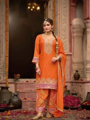 Women’s orange embroidered Chinon suit