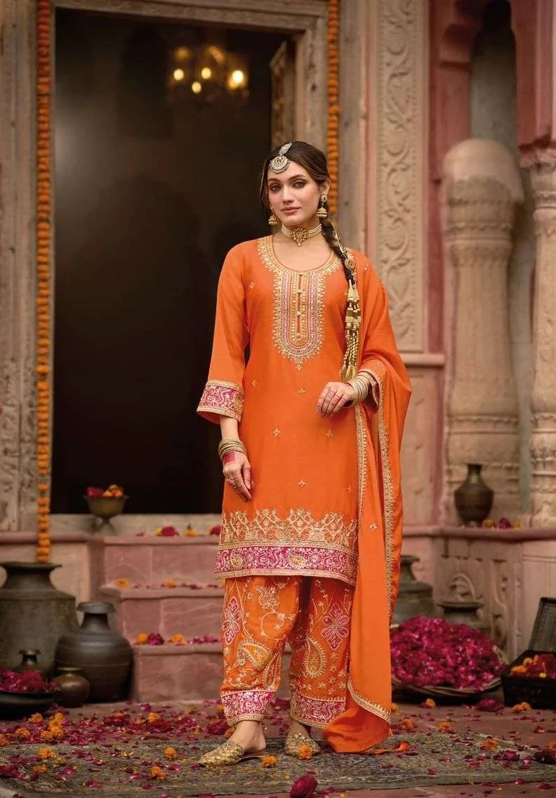 Women’s orange embroidered Chinon suit