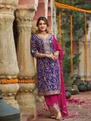 Women’s chinon embroidery suit purple