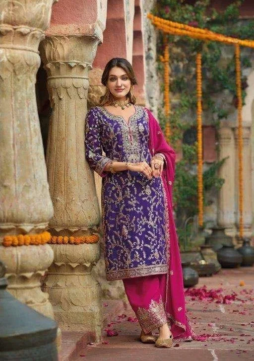 Women’s chinon embroidery suit purple