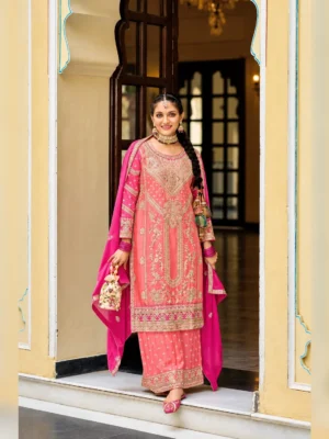 Women’s embroidered kurti palazzo pants coral pink