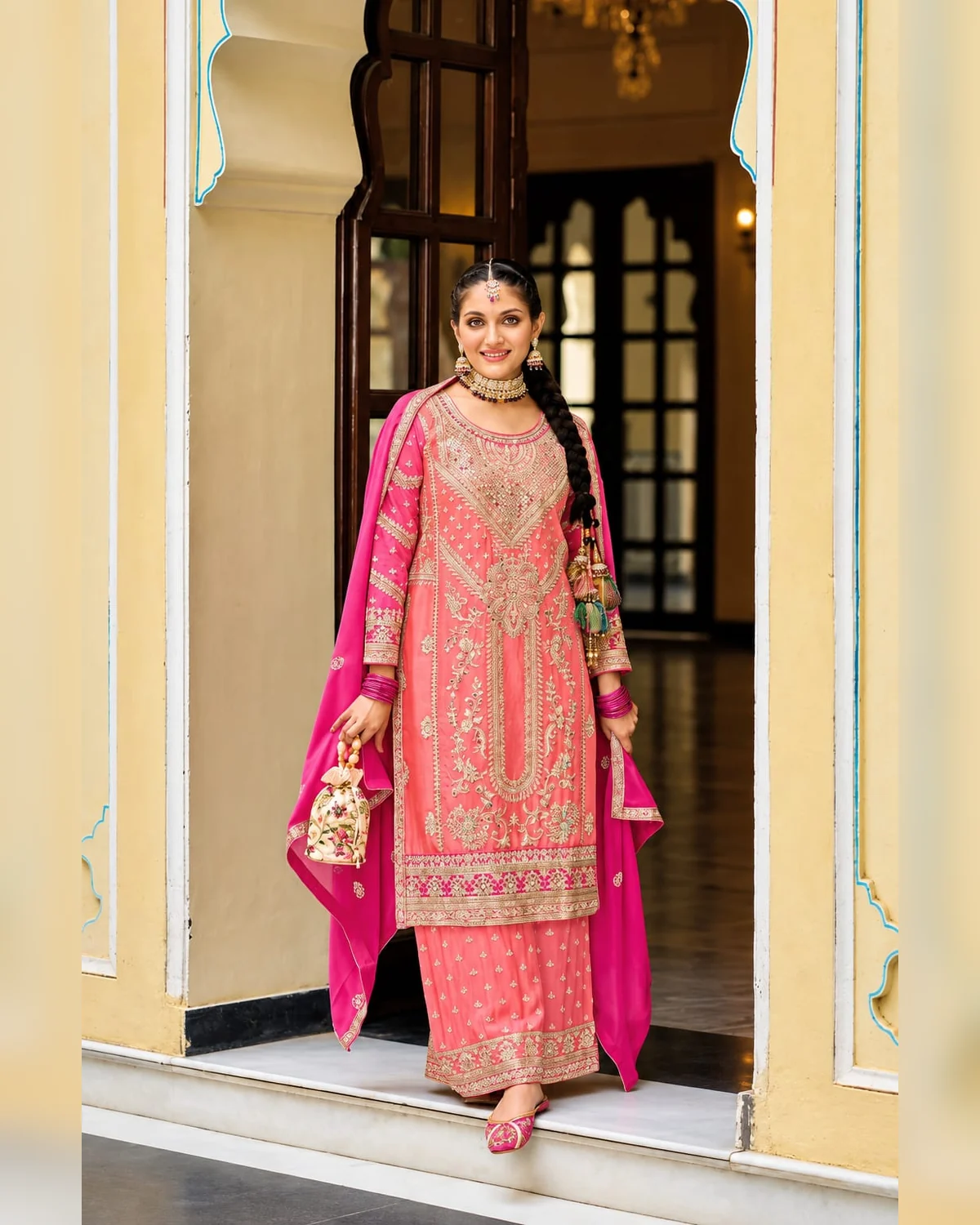 Women’s embroidered kurti palazzo pants coral pink