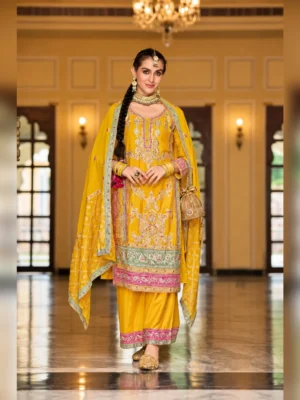 Women’s embroidered kurti palazzo pants mustard yellow
