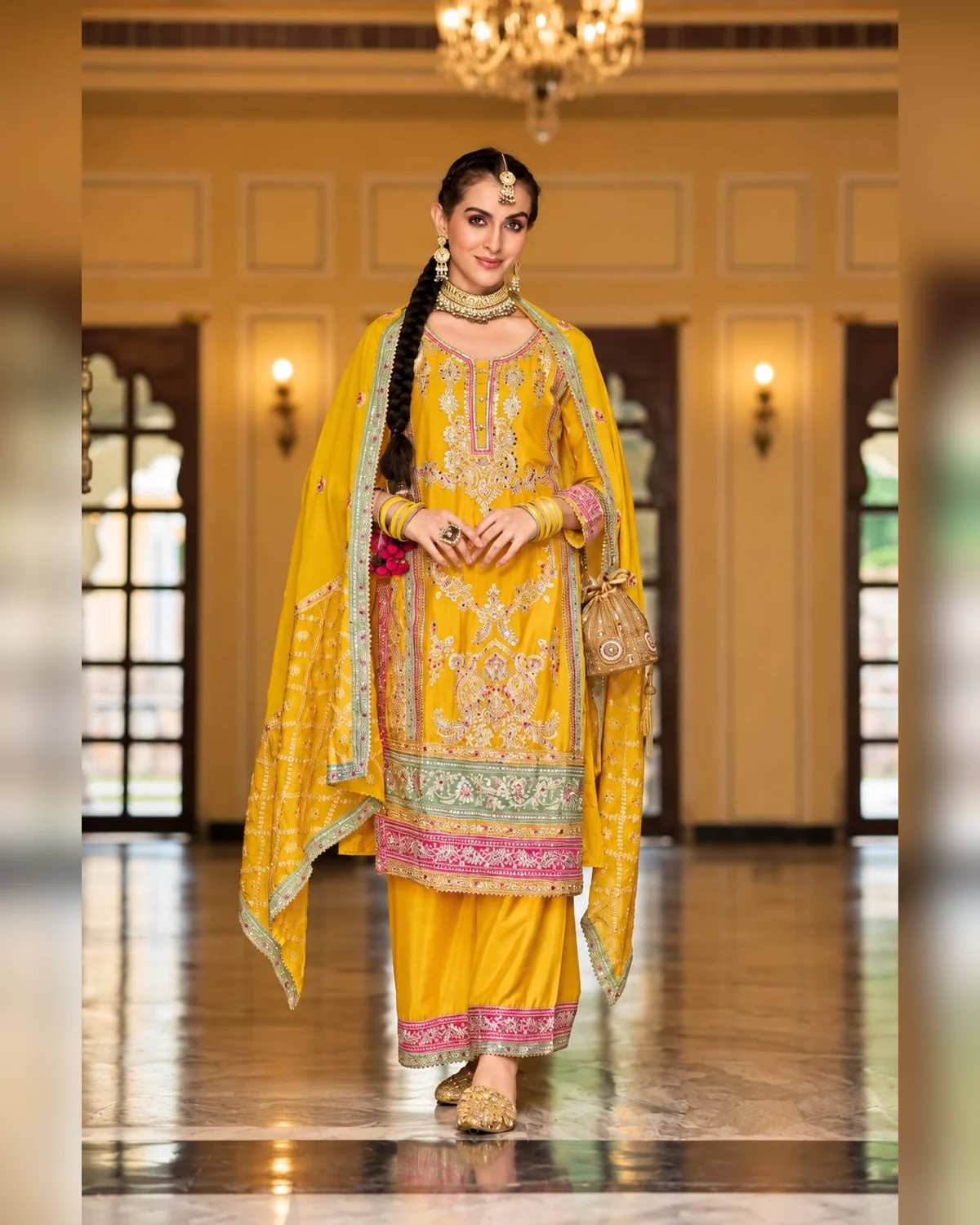 Women’s embroidered kurti palazzo pants mustard yellow