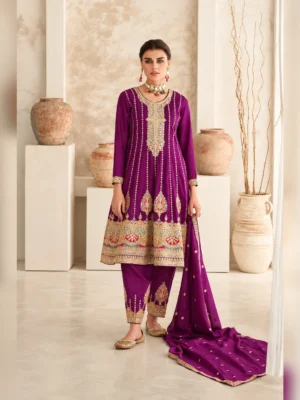 Women’s heavy embroidered a line kurti set deep purple