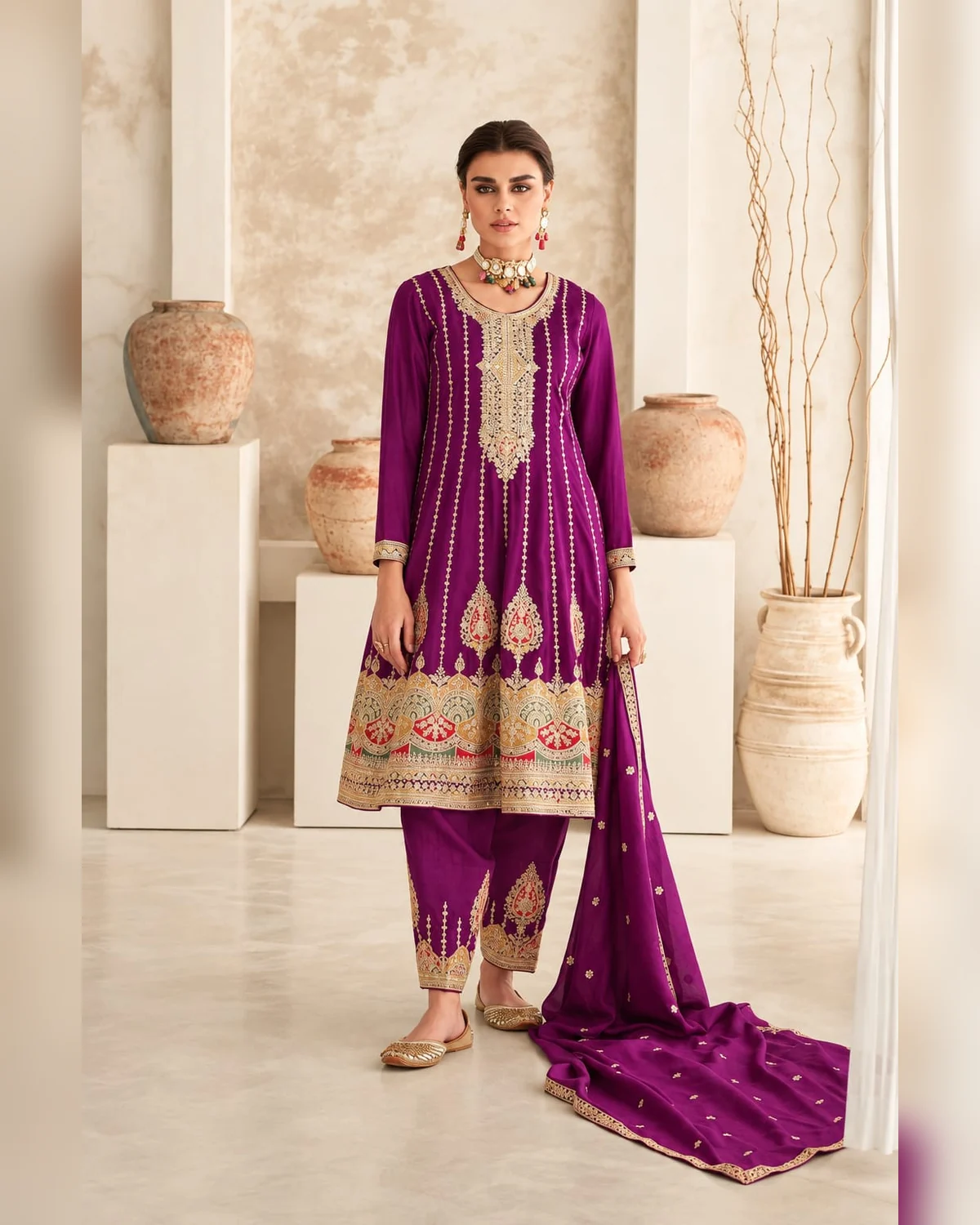 Women’s heavy embroidered a line kurti set deep purple