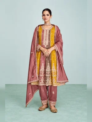 Women’s heavy embroidered a line kurti set mustard dusty rose