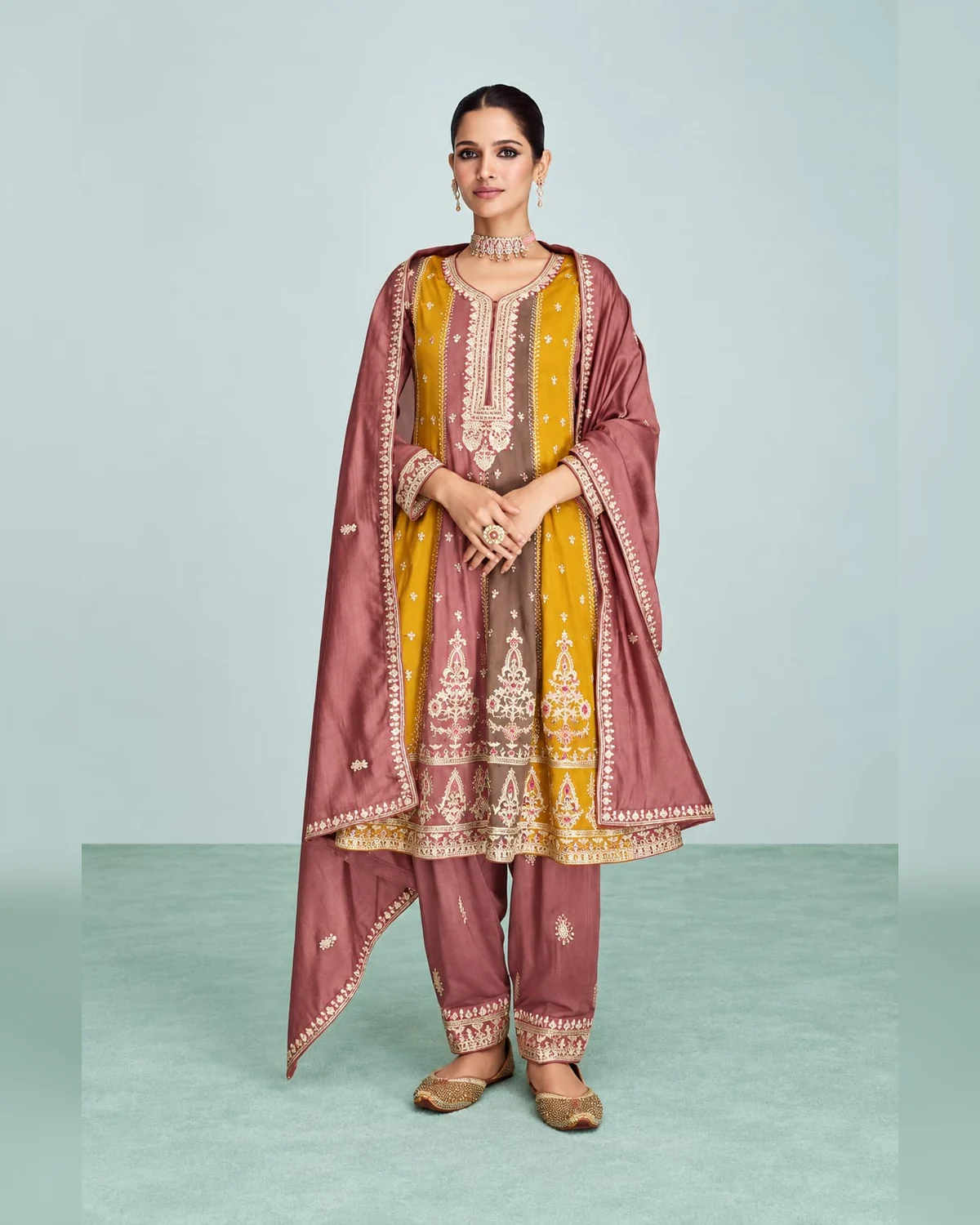 Women’s heavy embroidered a line kurti set mustard dusty rose