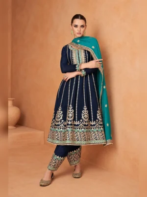 Women’s heavy embroidered a line kurti set navy teal