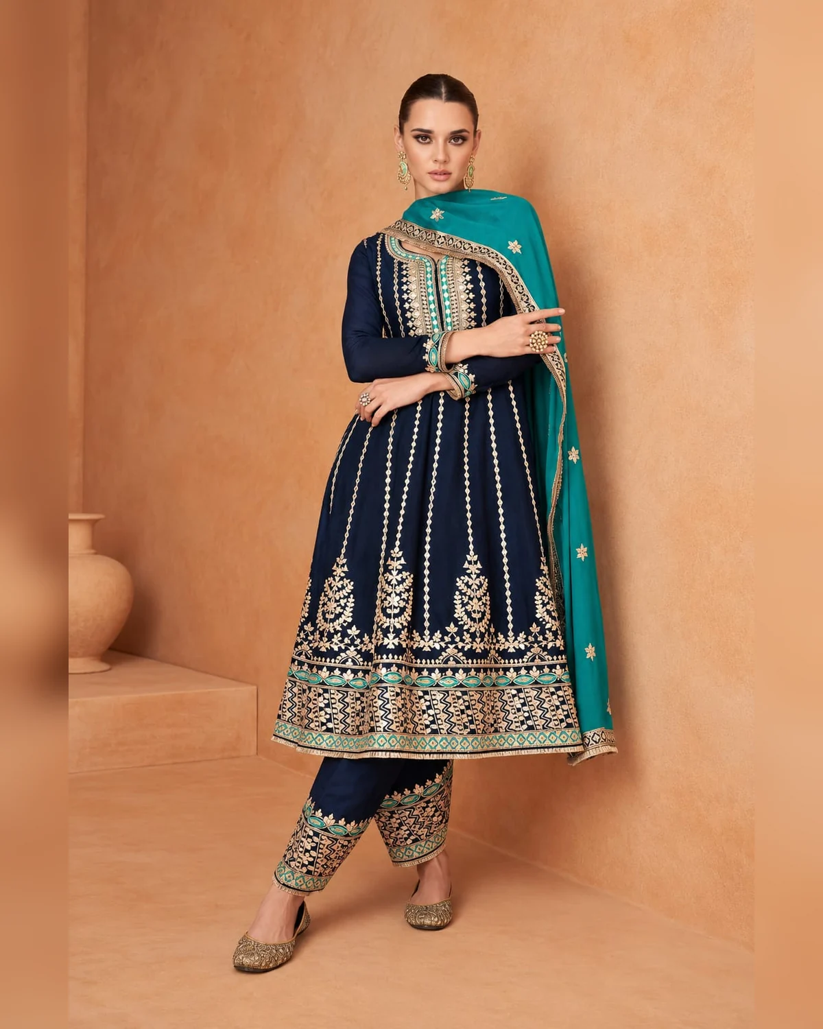 Women’s heavy embroidered a line kurti set navy teal