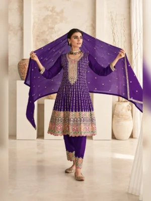 Women’s heavy embroidered a line kurti set royal purple