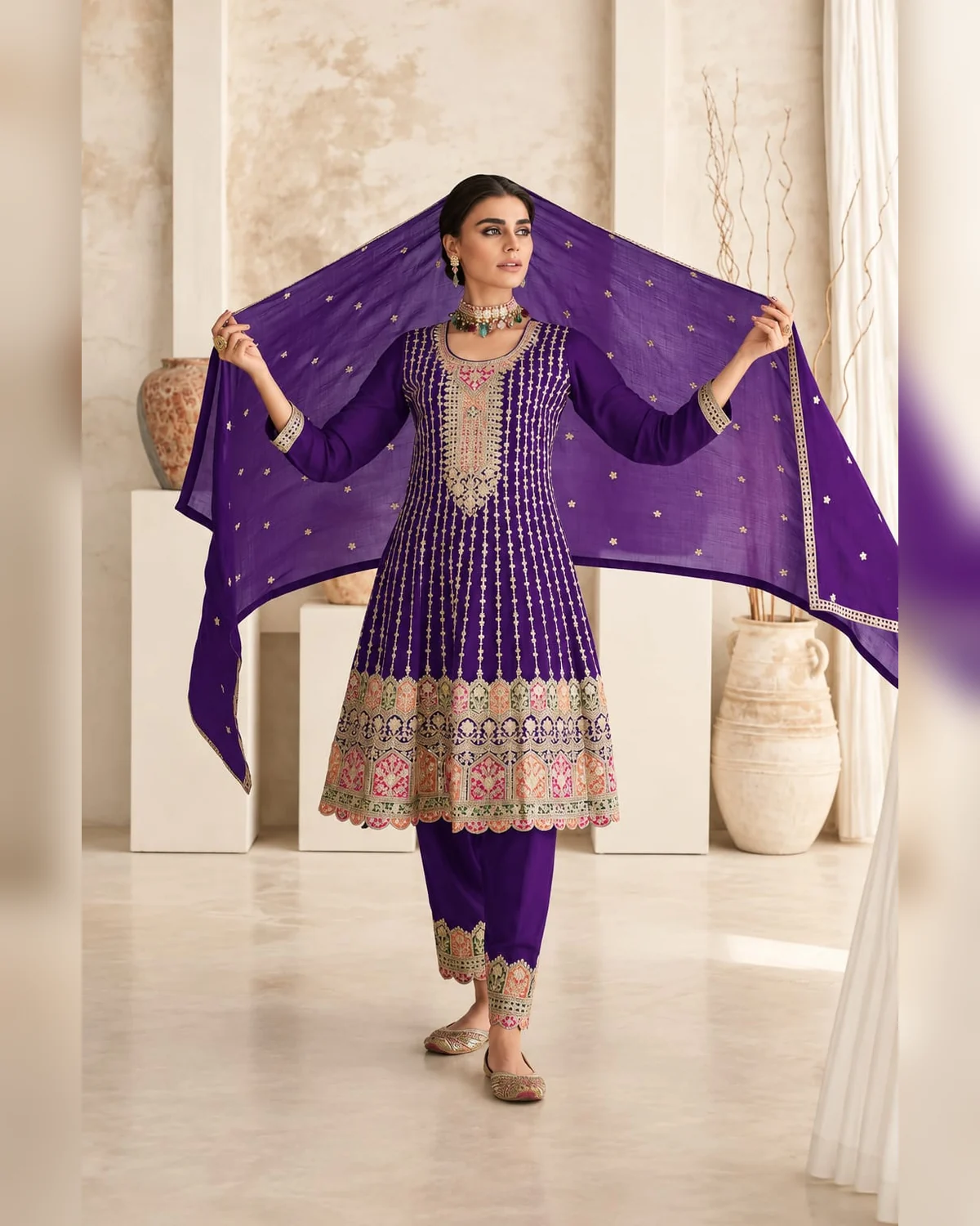 Women’s heavy embroidered a line kurti set royal purple