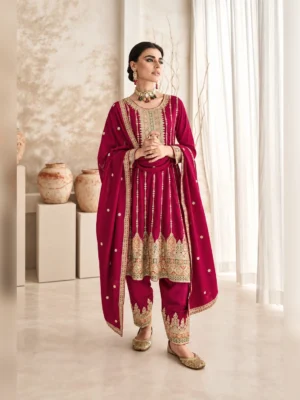 Women’s heavy embroidered a line kurti set ruby pink