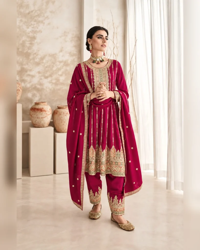 Heavy Embroidered A-Line Kurti Set with Pants & Dupatta - Ruby Pink