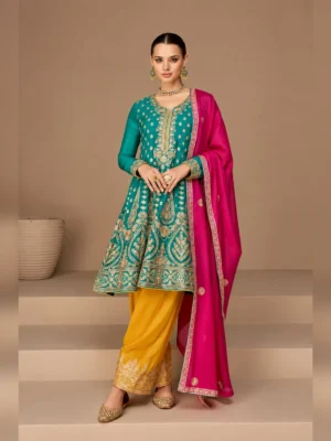 Women’s heavy embroidered a line kurti set teal mustard