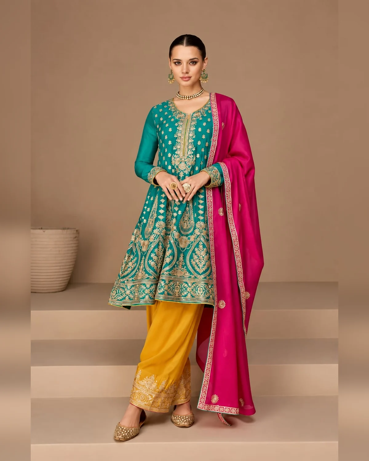 Women’s heavy embroidered a line kurti set teal mustard